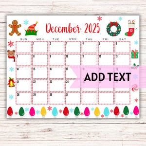 EDITABLE Printable December Calendar 2025 | Adorable Christmas December Calendar W/ Snowflakes and Christmas Lights | December 2025 Calendar