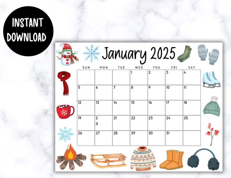 EDITABLE Printable January 2025 Calendar Beautiful Winter Themed Calendar W/ Boots and Snowman
