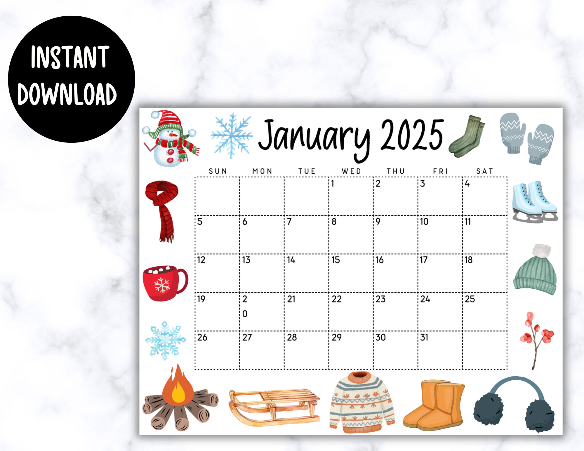 EDITABLE Printable January 2025 Calendar Beautiful Winter Themed Calendar W/ Boots and Snowman