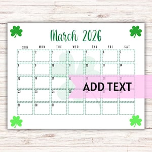 EDITABLE Printable March 2026 Calendar | Cute St. Patrick&#39;s Day Calendar W/ Shamrocks | Monthly March 2026 Calendar | Classroom Calendar