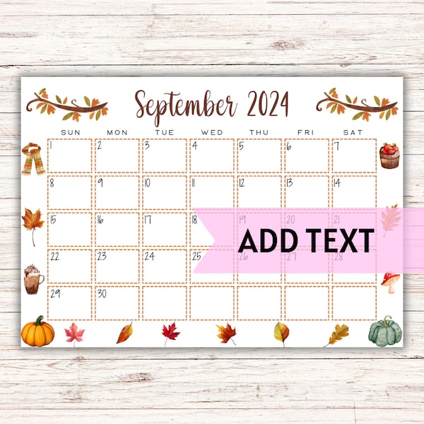 Calendrier de septembre 2024 modifiable, imprimable | Calendrier de septembre avec aquarelles de citrouilles d'automne et de feuilles d'automne | Calendrier à remplir