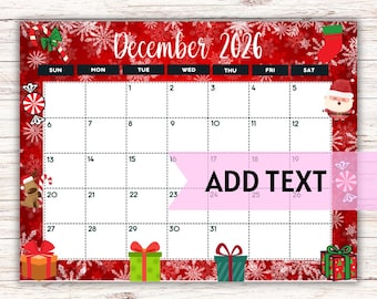 EDITABLE Printable December Calendar 2026 | Christmas Calendar | Holiday Calendar | December 2026 Calendar | Fillable Calendar