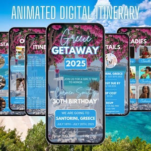 Modello di viaggio in Grecia / Itinerario del weekend di compleanno / Fuga in Grecia / Itinerario di viaggio / Invito di compleanno / Itinerario digitale / Viaggio tra ragazze