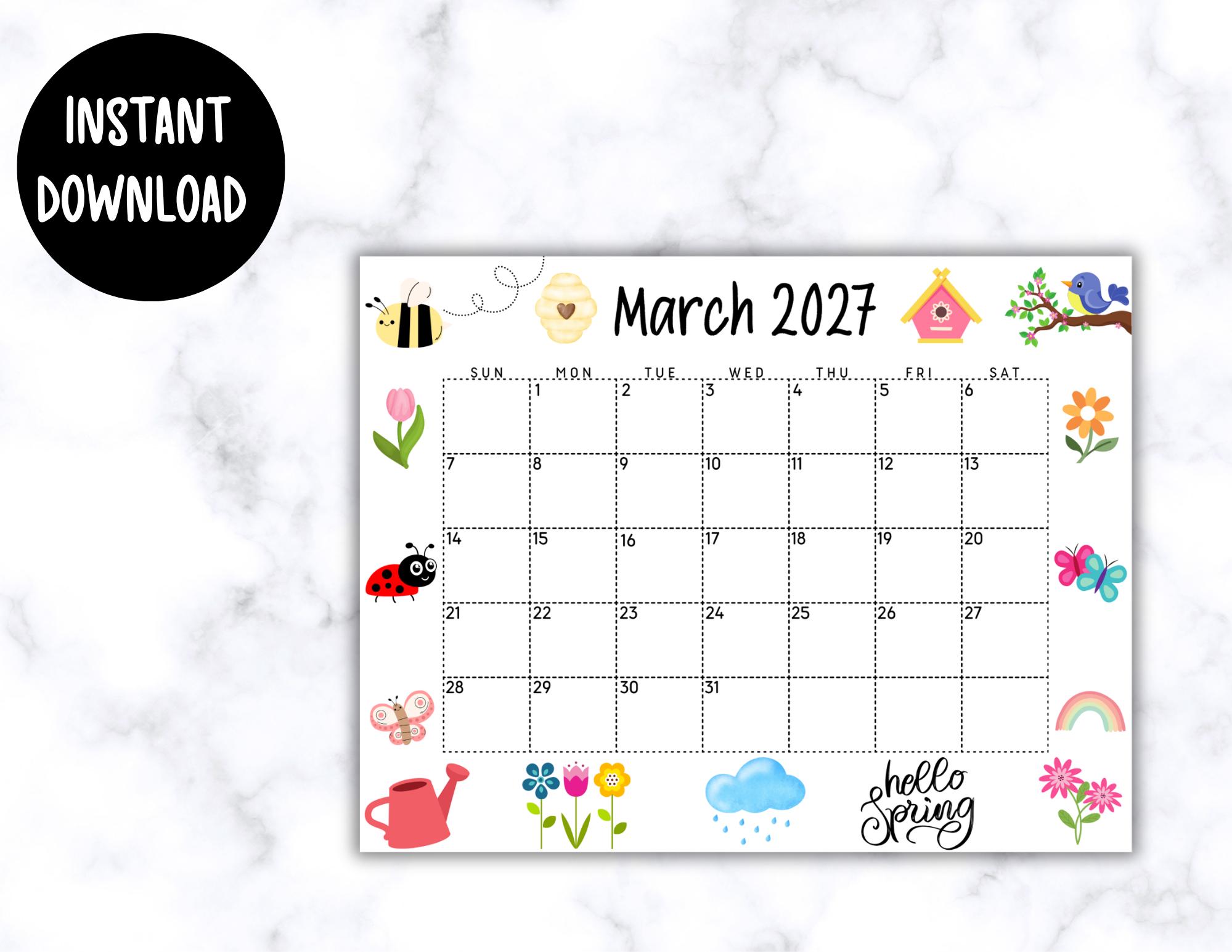 EDITABLE March Calendar 2027 | Printable Wall Calendar 2027 | Cute ...