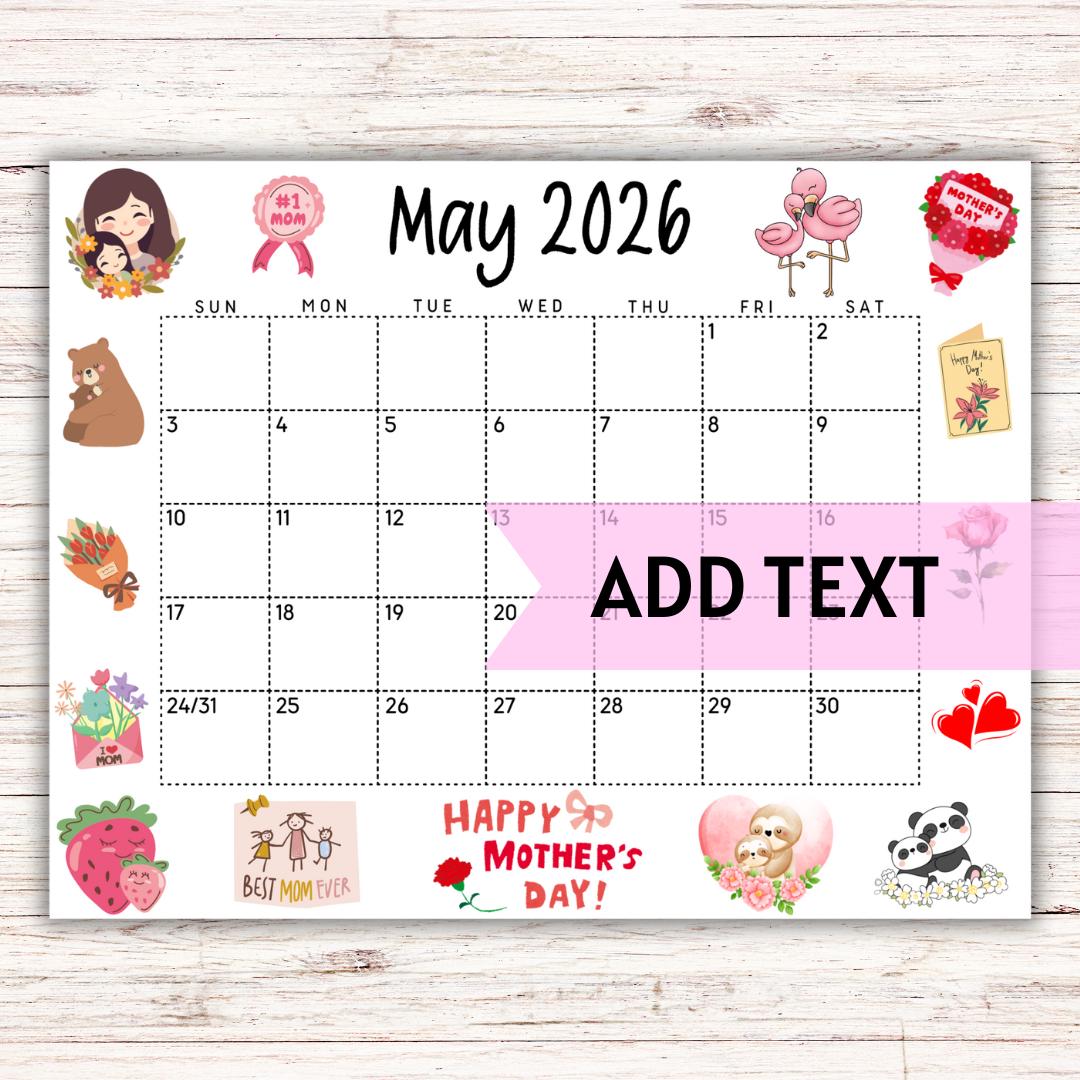PRINTABLE May 2026 Calendar | Editable Cute Happy Mother's Day ...