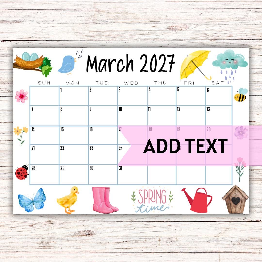 EDITABLE March 2027 Calendar | Cute Spring March 2027 Calendar W/ Rain ...