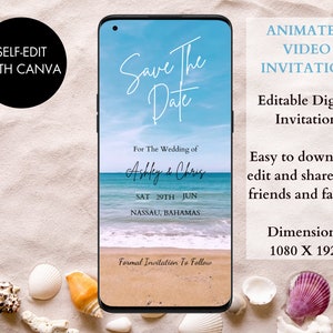 Digital Beach Save The Date Invitation | Digital Animated Destination Wedding Invite Featuring Sound Of Waves | Beach Wedding Evite