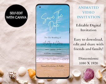 Digital Beach Save The Date Invitation | Digital Animated Destination Wedding Invite Featuring Sound Of Waves | Beach Wedding Evite