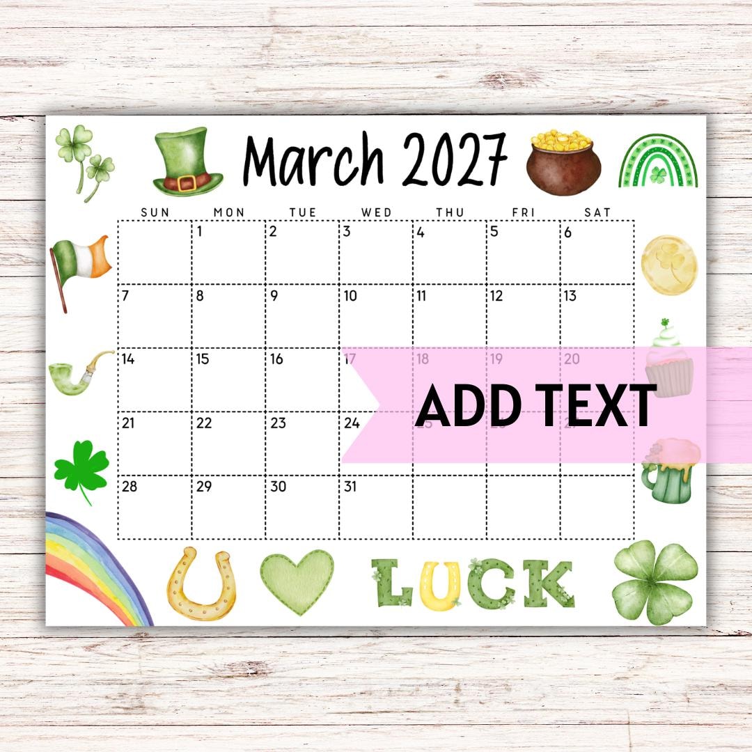 EDITABLE Printable March 2027 Calendar | Cute St. Patrick's Day March Calendar W/ Rainbow | Monthly Calendar | Classroom Calendar | Fillable - Etsy Israel