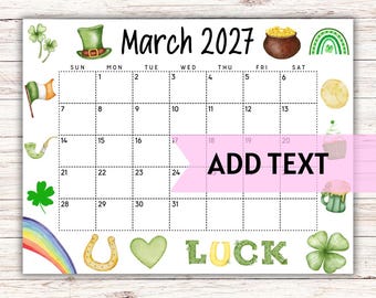 EDITABLE Printable March 2027 Calendar | Cute St. Patrick's Day March Calendar W/ Rainbow | Monthly Calendar | Classroom Calendar | Fillable