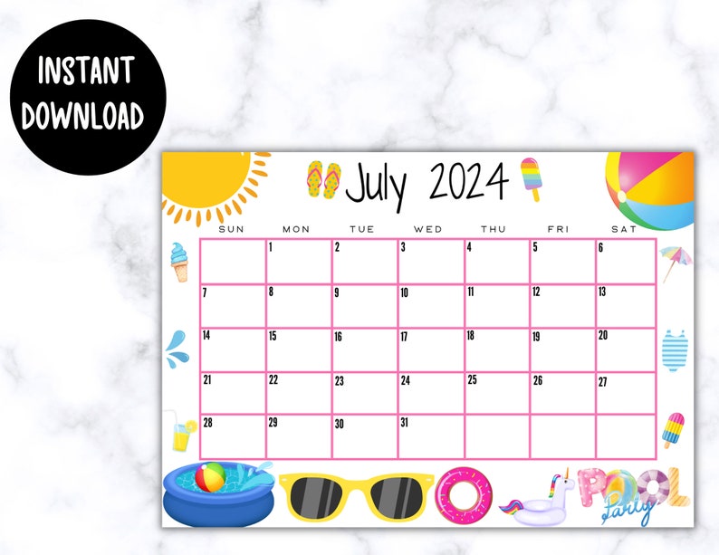 EDITABLE Printable July Calendar 2024 Fun Rainbow Pool Party Etsy