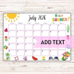 Calendario imprimible y editable de julio de 2026 / Lindo calendario de julio con pelotas de playa y paletas heladas / Calendario familiar / Calendario de julio de 2026 / Rellenable