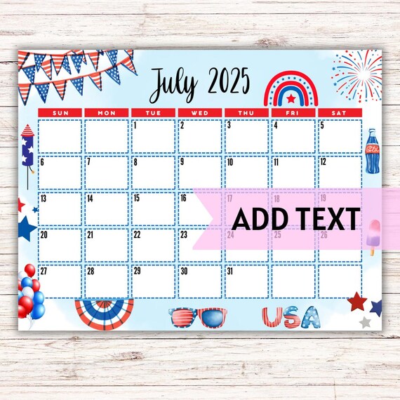 Editable printable july calendar 2025 | cute 4th of july calendar ...