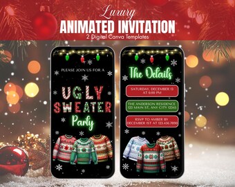 Pode incluir: Convite animado para uma festa de suéter feio. O convite é exibido em dois smartphones. O texto inclui "Luxury Animated Invitation" e "2 Digital Canva Templates". Os detalhes da festa estão listados nas telas.