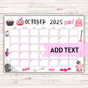 EDITABLE Printable October Calendar 2025 | Cute & Spooky Pink Halloween Calendar | Pink Halloween Themed October Calendar | Monthly Calendar
