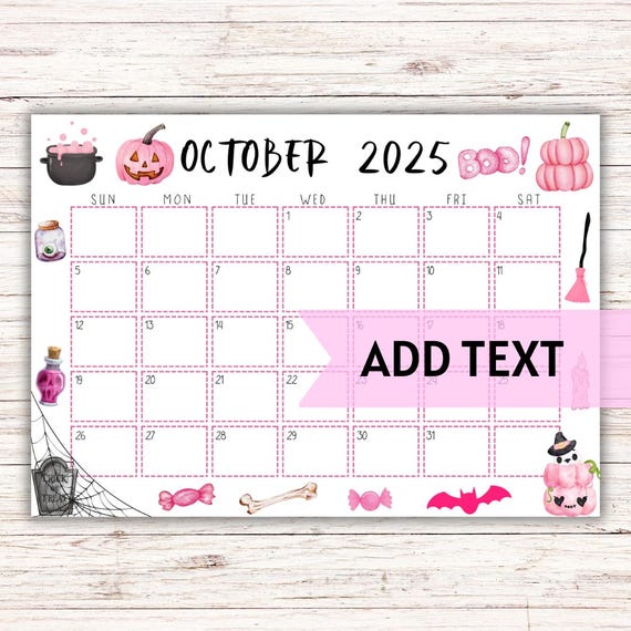 EDITABLE Printable October Calendar 2025 | Cute & Spooky Pink Halloween Calendar | Pink Halloween Themed October Calendar | Monthly Calendar