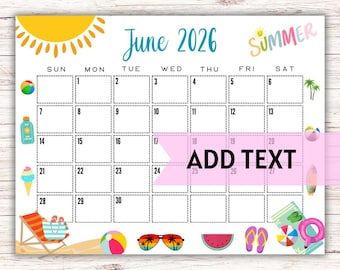 Calendario de junio de 2026 imprimible y editable / Hermoso calendario de junio de verano con gafas de sol y pelotas de playa / Calendario de pared / Calendario rellenable