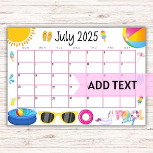 EDITABLE Printable July Calendar 2025 | Fun Rainbow Pool Party Themed July Calendar | Kids Calendar | Preschool Calendar | Fillable Calendar