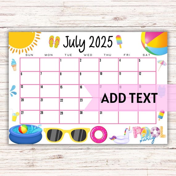 Editable printable july calendar 2025 | fun rainbow pool party ...