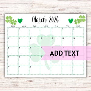 BEWERKBARE afdrukbare kalender maart 2026 | St. Patrick&#39;s Day-kalender voor maart met klavers en harten | Maandkalender | Schoolkalender voor kinderen