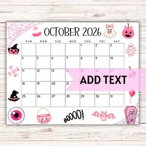 EDITIERBARER Druckbarer Kalender Oktober 2026 | Niedlicher & gruseliger Halloween Kalender | Rosa Halloween Kalender mit Spinnweben | Monatskalender