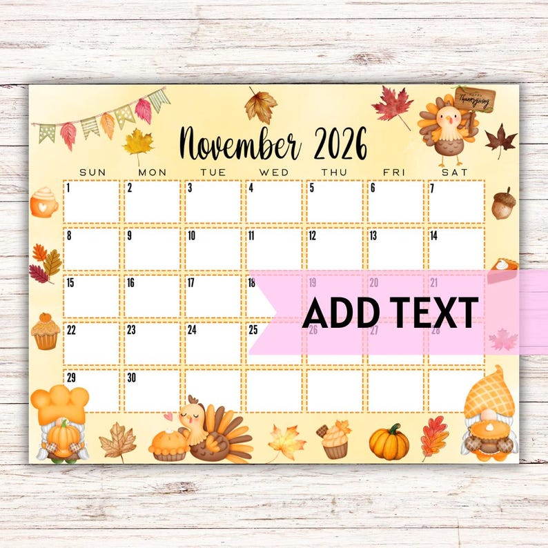EDITABLE Printable November Calendar 2026 | Cute Gnome and Turkey ...