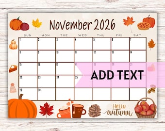 EDITABLE Printable November Calendar 2026 | Beautiful Fall November Calendar W/ Pumpkins and Fall Leaves | 2026 Wall Calendar | Fillable