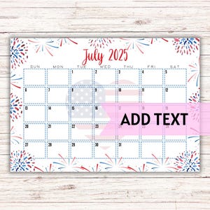 EDITABLE Printable July Calendar 2025 | Cute 4th of July Calendar With Fireworks | Family Calendar | July 2025 Calendar | Fillable Calendar