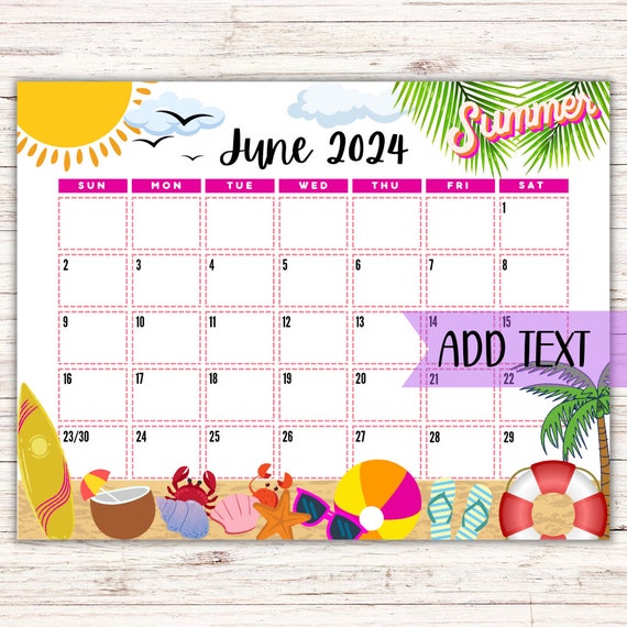 EDITABLE Printable June Calendar 2024 Beach Themed Calendar W/ Sea Shells  and Palm Trees Summer Monthly Calendar Fillable Calendar - Etsy