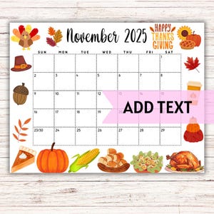 EDITABLE Printable November Calendar 2025 | Cute Thanksgiving Calendar | Monthly Calendar | Fall Calendar | Classroom Calendar