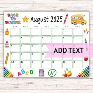 EDITIERBAR Druckbarer August Kalender 2025 | Bunte Back To Schulkalender | Klassenzimmer-Kalender | Kalender August 2025 | Befüllbarer Kalender