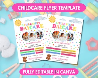 May include: Two flyers for a daycare, featuring the text "Little Steps Daycare" with images of children. The flyers include details about enrollment, ages 0-12, and operating hours. The flyers are surrounded by colorful stars and a pink banner that says "Childcare Flyer Template".