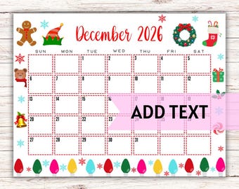 EDITABLE Printable December Calendar 2026 | Adorable Christmas December Calendar W/ Snowflakes and Christmas Lights | December 2026 Calendar