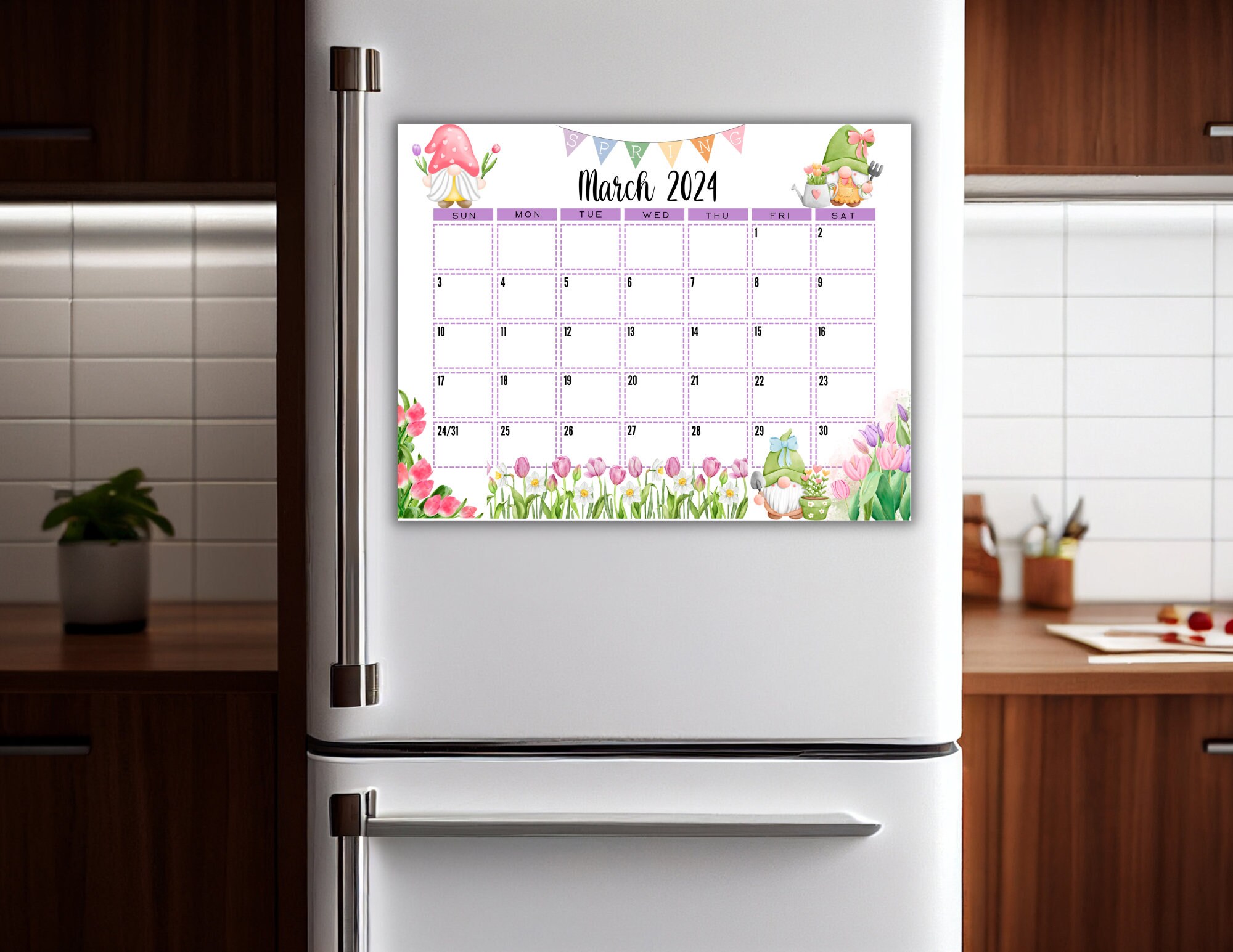 EDITABLE Printable March Calendar 2024 Watercolor Spring Gnomes