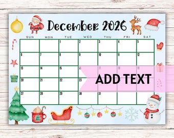 EDITABLE Printable December Calendar 2026 | Cute Christmas Calendar W/ Santa & Christmas Tree | Holiday Calendar | December 2026 Calendar