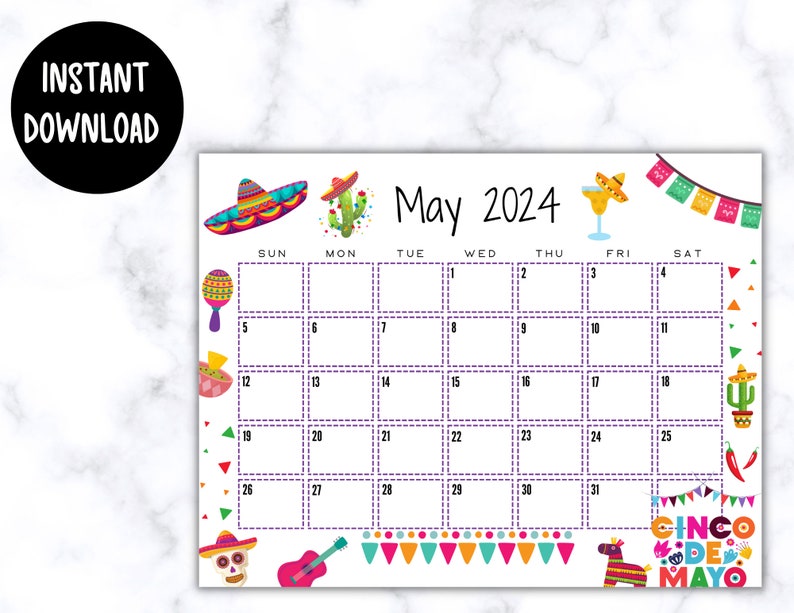 EDITABLE Printable May Calendar 2024 Cinco De Mayo Themed Etsy UK