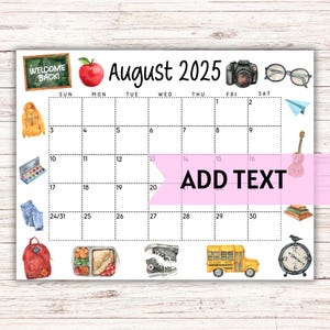 EDITIERBAR Druckbarer August Kalender 2025 | Aquarell Back To School Kalender | Klassenzimmer-Kalender | Kalender August 2025 | Befüllbarer Kalender