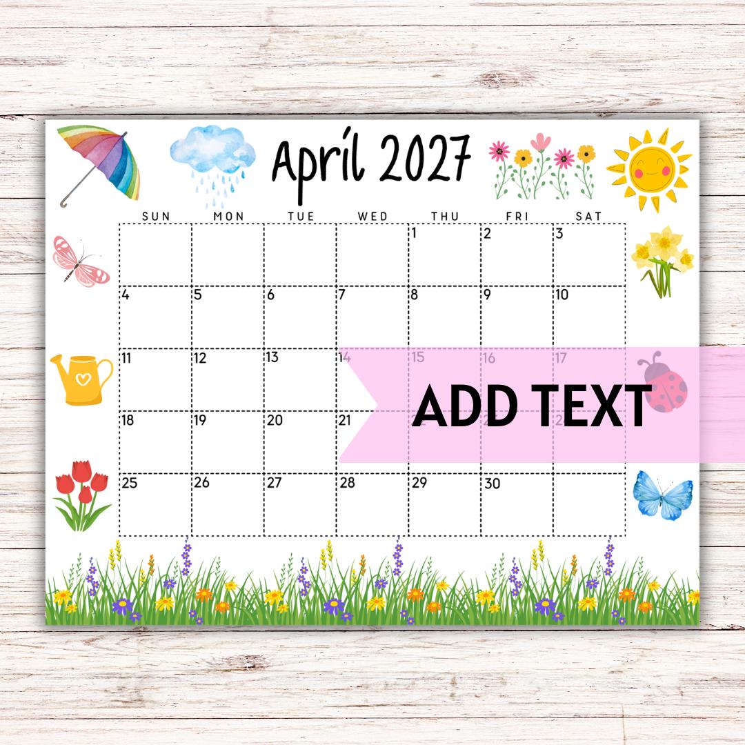 EDITABLE April Calendar 2027 | Printable Wall Calendar 2027 | Cute ...