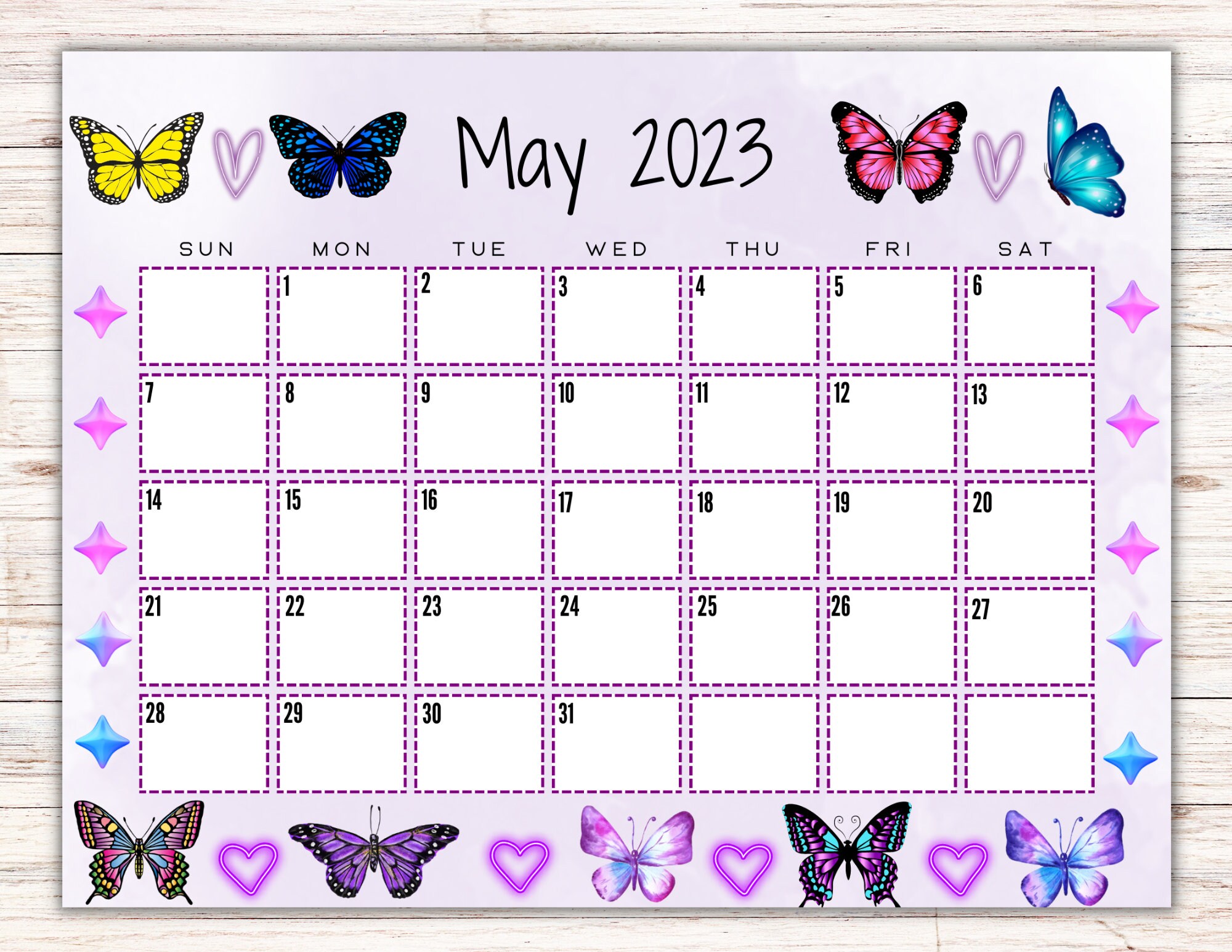 EDITABLE Printable May Calendar 2023 Cute Butterfly Calendar - Etsy