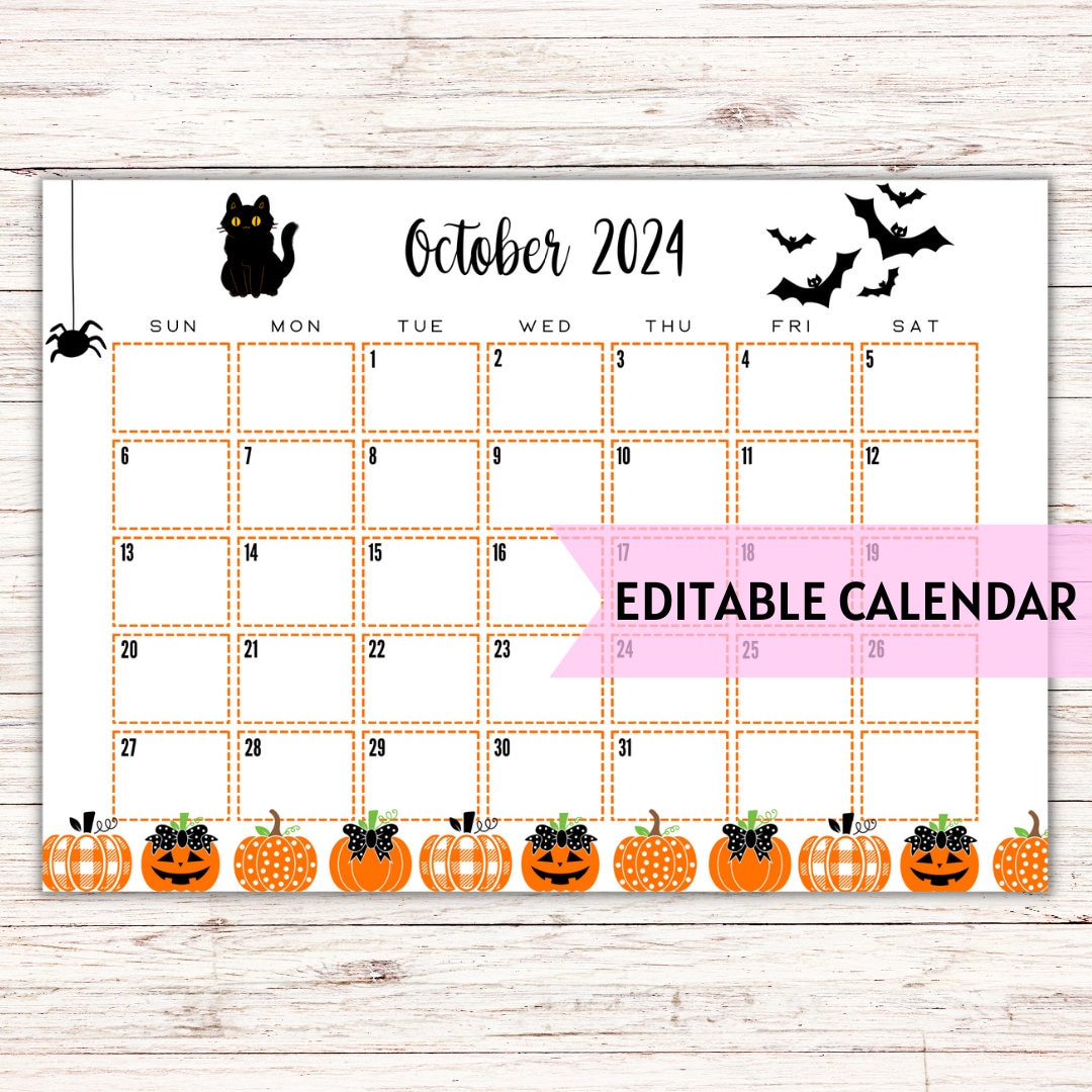 EDITABLE Printable October Calendar 2024 Halloween Calendar Cute and ...