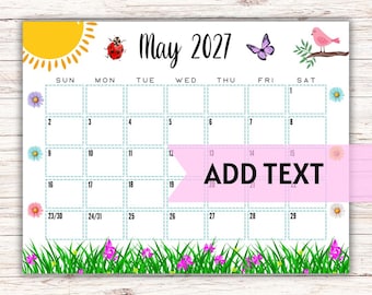 EDITABLE Printable May Calendar 2027 | Cute Spring May Calendar W/ Watercolor Daisies and Ladybug | Monthly Calendar | Fillable Calendar