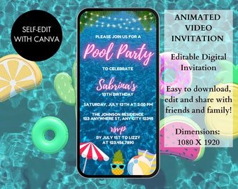 Animated Pool Party Birthday Invitation | Neon Pool Party Evite | Pool Party Birthday Invite | Birthday Pool Party Electronic Invitation