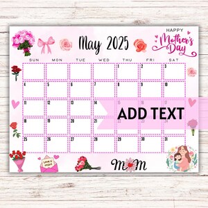 EDITABLE Printable May Calendar 2025 | Cute Mother&#39;s Day Calendar W/ Roses | May 2025 Calendar | Monthly Calendar | Fillable Calendar