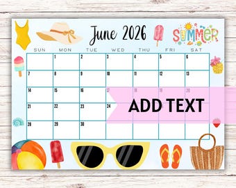 Calendario de junio 2026 editable / Lindo calendario de junio con bolsa de playa / Calendario imprimible para el aula / Calendario familiar / Calendario mensual