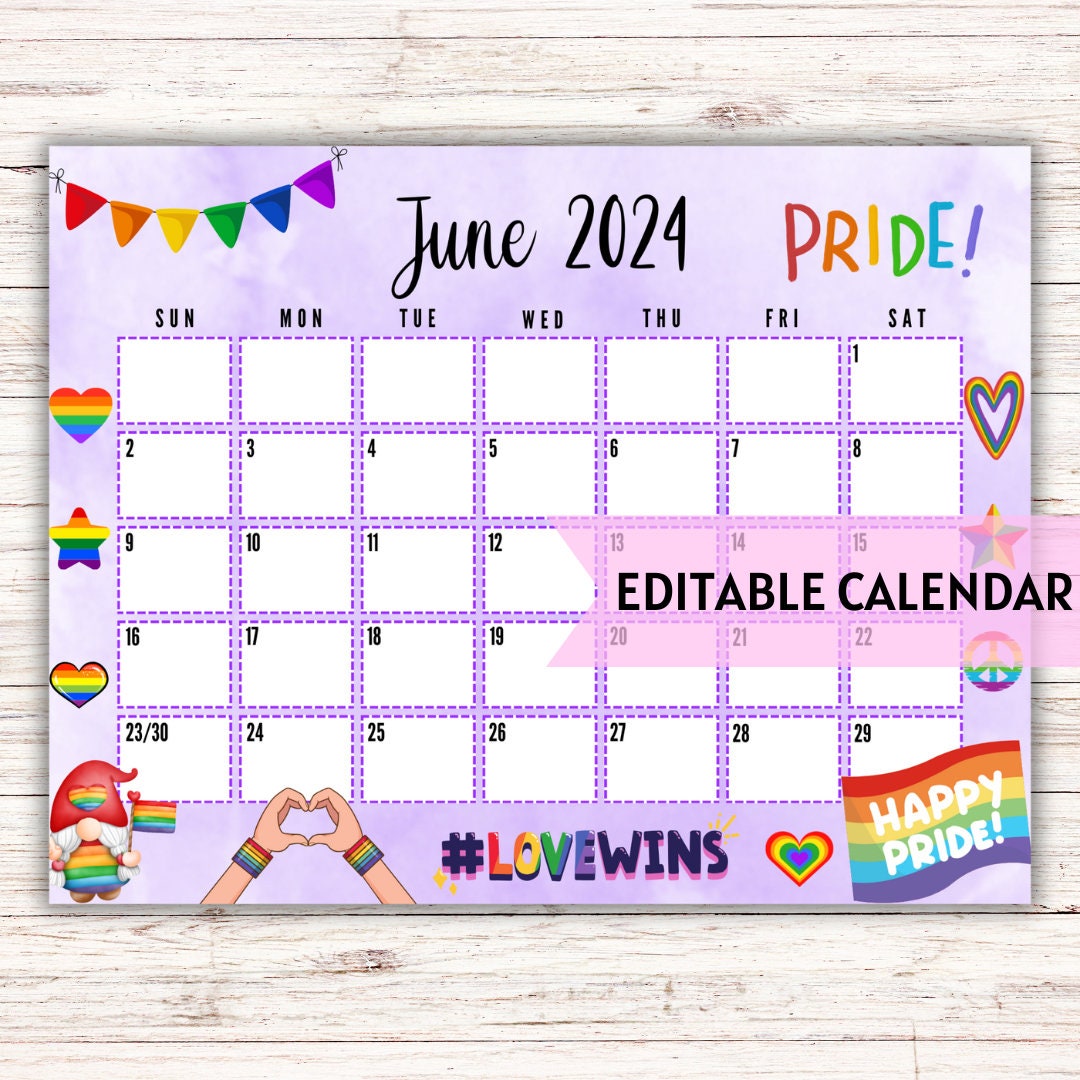 EDITABLE Printable June Calendar 2024 Summer LGBT Calendar 2024 Happy