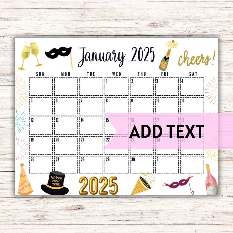 EDITABLE Printable January 2025 Calendar Gold Themed New Year's Day