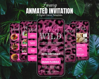 Invito rosa Let's Get Wild / Itinerario per il weekend di compleanno / Fuga a Miami / Itinerario di viaggio / Invito di compleanno / Itinerario digitale / Viaggio tra ragazze