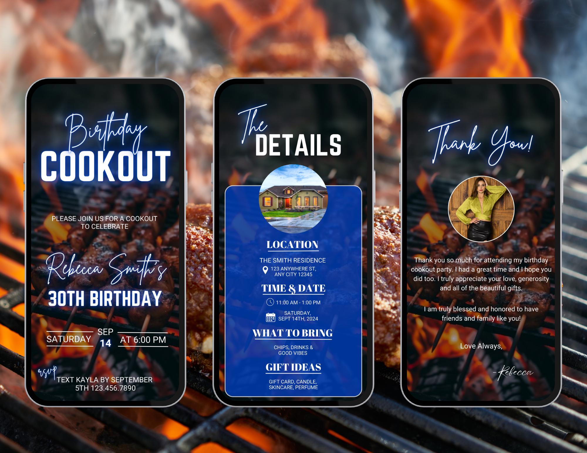 Digital Neon Blue Birthday Cookout Invitation | Animated Backyard ...