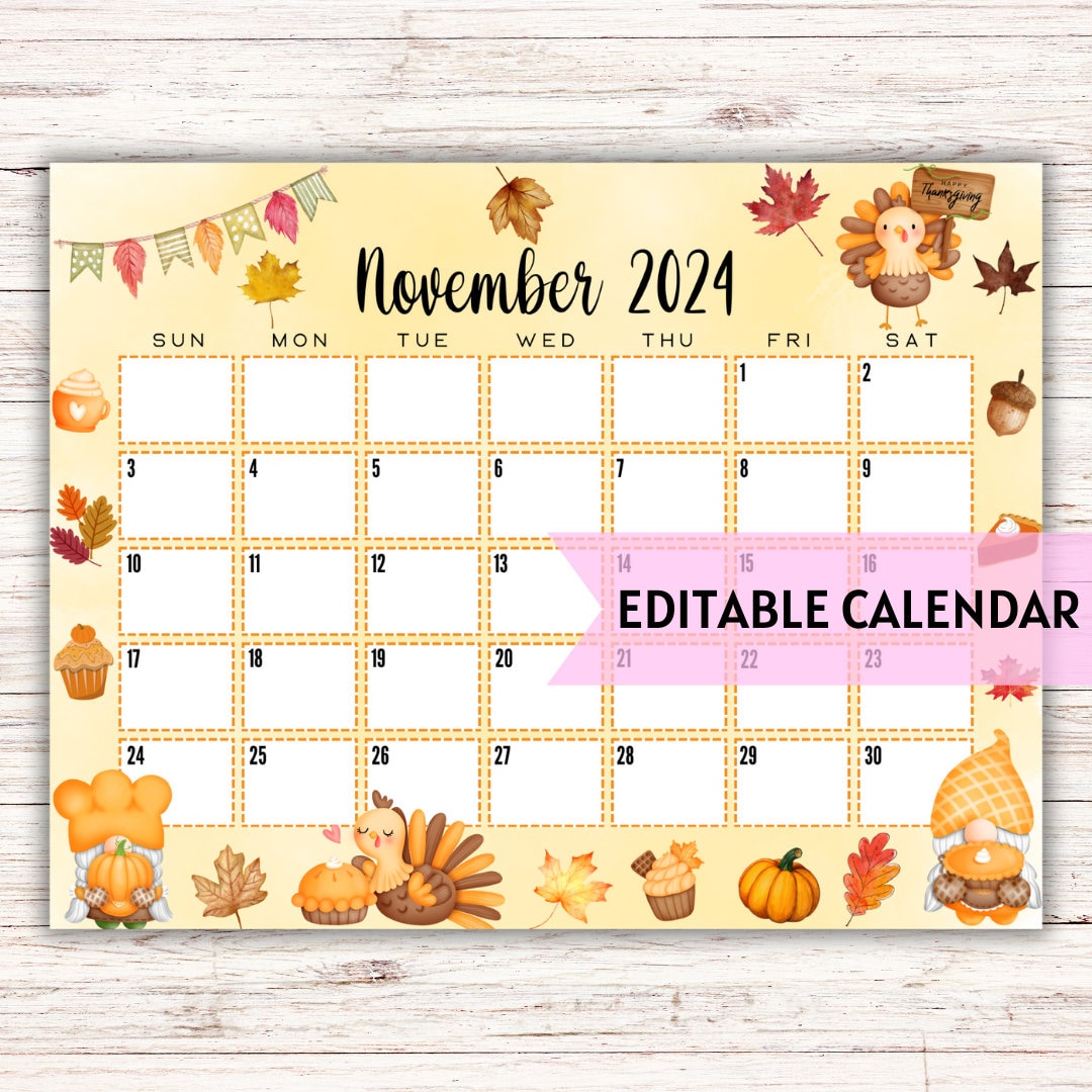 EDITABLE Printable November Calendar 2024 Cute Gnome and Turkey