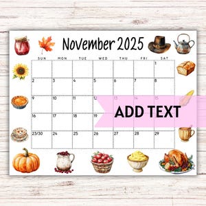 EDITABLE Printable November Calendar 2025 | Cute Thanksgiving Calendar W/ Turkey | Monthly Calendar | Fall Calendar | Classroom Calendar